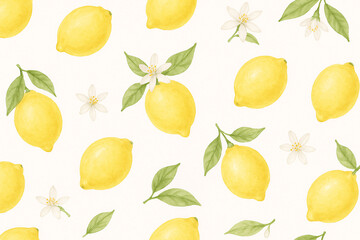 Seamless watercolor lemon pattern with green leaves and white blossoms on white background, citrus fruit illustration for summer design and kitchen decor
