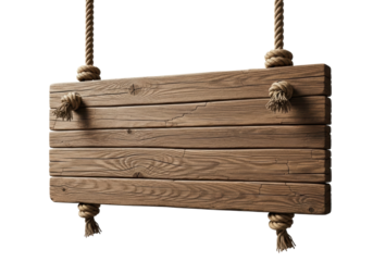 A rectangular, weathered wooden sign made of rustic planks with visible grain and cracks, suspended motionless by thick natural fiber ropes on a transparent isolated studio background with bright,
