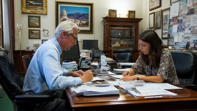 Legislative aide discusses bill summaries with a representative using charts and reports to clarify complex policy issues in a professional workspace.