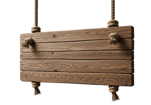 A rectangular, weathered wooden sign made of rustic planks with visible grain and cracks, suspended motionless by thick natural fiber ropes on a transparent isolated studio background with bright,