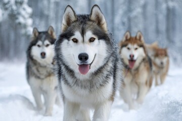 Naklejka premium Alaskan malamute dog leading sled dog team running through snowy woods