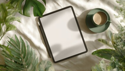 Tablet, coffee, and greenery on fabric