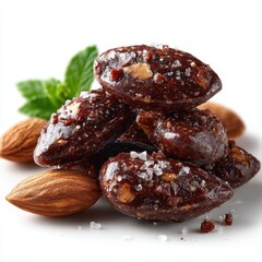 Obraz premium Chocolate Covered Almonds with Sea Salt and Mint Leaves on White
