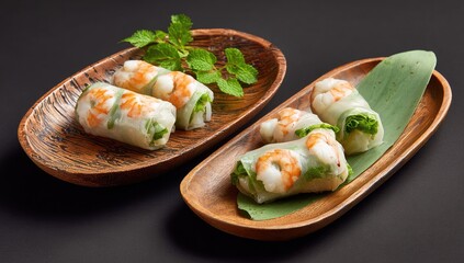 Fresh spring rolls, shrimp and herbs on wooden plates