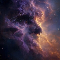 Cosmic nebula swirls in vibrant purples and golds