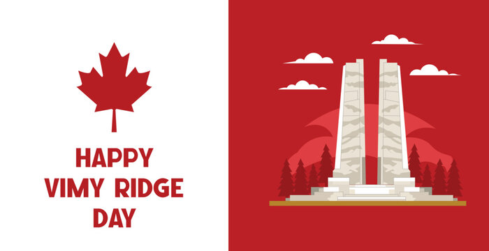 Happy Vimy Ridge Day Illustration &ndash; Canadian Memorial with Maple Leaf and Monument