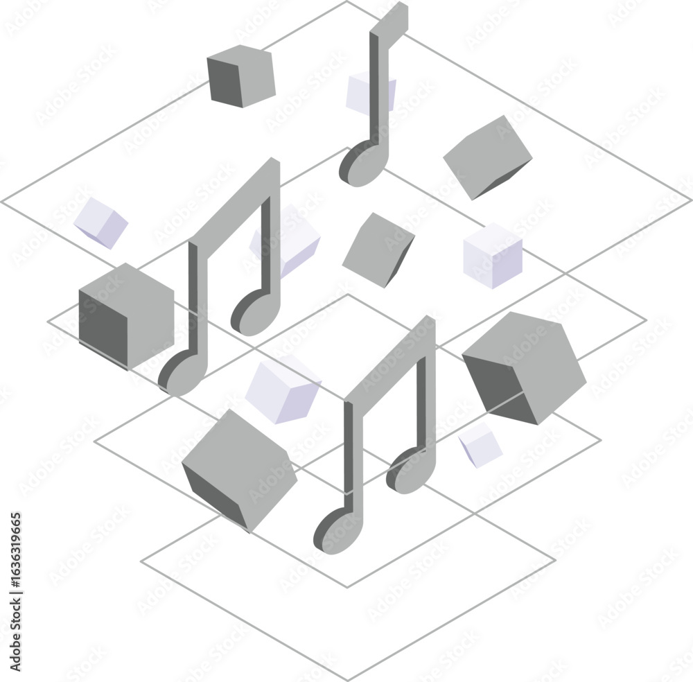 Aufkleber the image shows an isometric design with musical notes and geometric shapes floating on a white grid