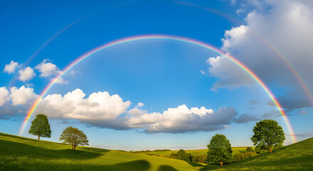 Naklejka premium rainbow over green field