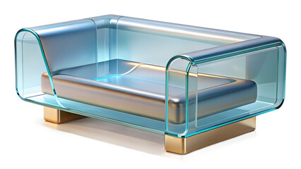 A modern transparent acrylic couch with gold base and metallic cushion on a transparent background