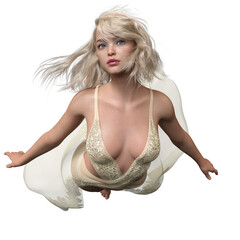 3D rendered fantasy female character in sheer embroidered gown with blonde hair, floating gracefully, isolated on transparent background.  © HWWO Stock