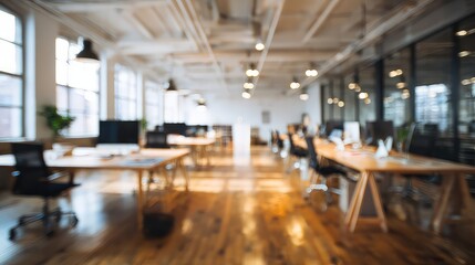 Blurred Perspective of a Sunlit Modern Loft Office with Warm Bokeh Lights.
