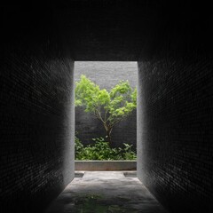 Dark brick tunnel, light-filled courtyard