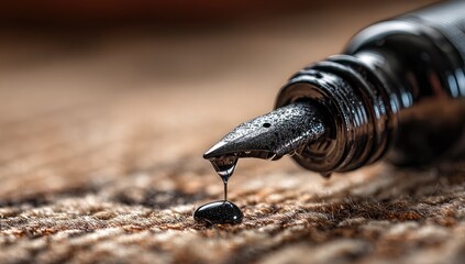Ink drips from a fountain pen onto a textured surface