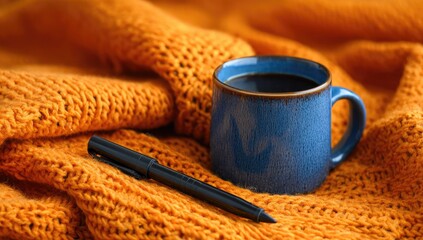 Cozy autumnal scene. Dark coffee in a blue mug, nestled on an orange knit blanket, with a pen nearby