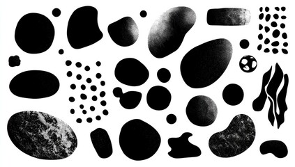 Abstract black shapes on white background.  Collection of various organic forms, including circles, ovals, rectangles, and irregular shapes, with textured black ink effects