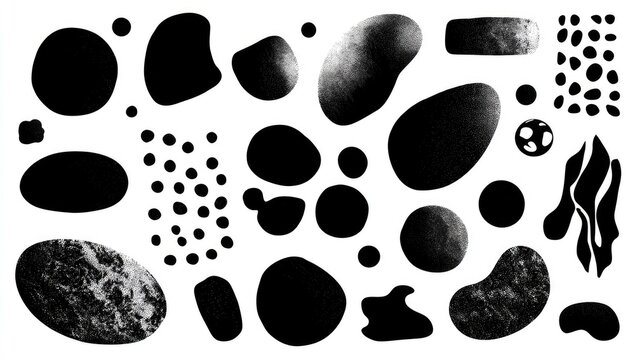 Abstract black shapes on white background.  Collection of various organic forms, including circles, ovals, rectangles, and irregular shapes, with textured black ink effects