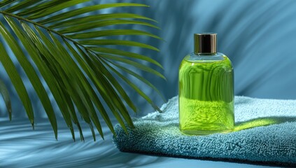 Green liquid bottle on teal towel, palm leaf