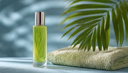A light-green glass bottle, subtly textured, sits beside a soft light-green towel.  A palm leaf casts a shadow.  Soft, calming tones