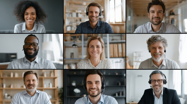 Diverse group of professionals in video conference, smiling and engaged, showcasing teamwork and collaboration in modern office setting