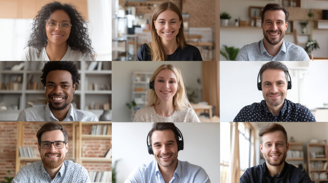Diverse group of professionals smiling during video conference call, showcasing teamwork and communication in modern office setting. participants appear engaged and friendly