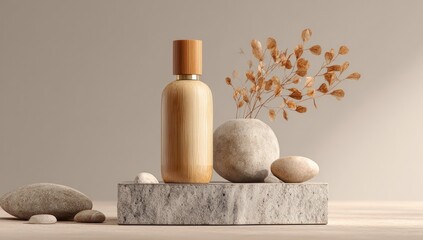 Beige-toned display of a wooden perfume bottle with dried eucalyptus and stones