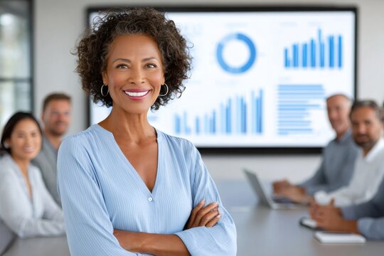 Smiling senior businesswoman leading meeting with business team analyzing charts on screen