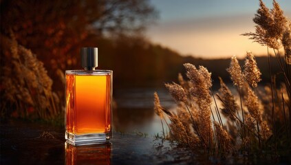 Amber perfume bottle at sunset by a river