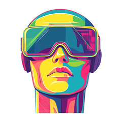 A person in futuristic VR goggles and headphones, depicted in a vibrant, pop-art style. This illustration is great for websites or blogs about technology, virtual reality, gaming, or the metaverse.


