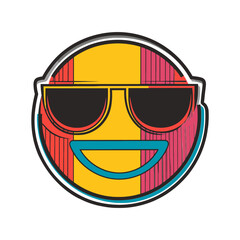 A pop-art style emoji with sunglasses and a vibrant, striped design. This icon is great for websites or blogs about digital communication, fun, music, or retro themes.

