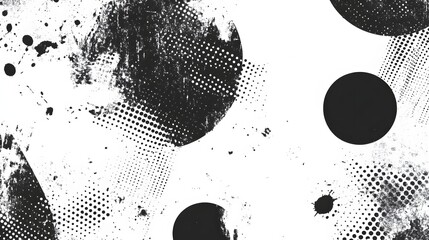 Dramatic and captivating abstract background featuring a bold black and white geometric halftone pattern overlaid with dynamic splashes blots and fluid elements