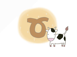 Illustration of a gold Taurus symbol and cow, one of the 12 zodiac signs