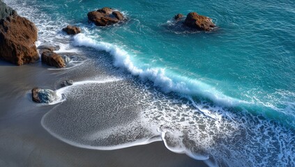 Turquoise waves crash on a pebbled beach
