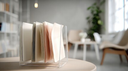 Organized Serenity: Clear File Holder on a Table in a Soft-Focus Modern Office.