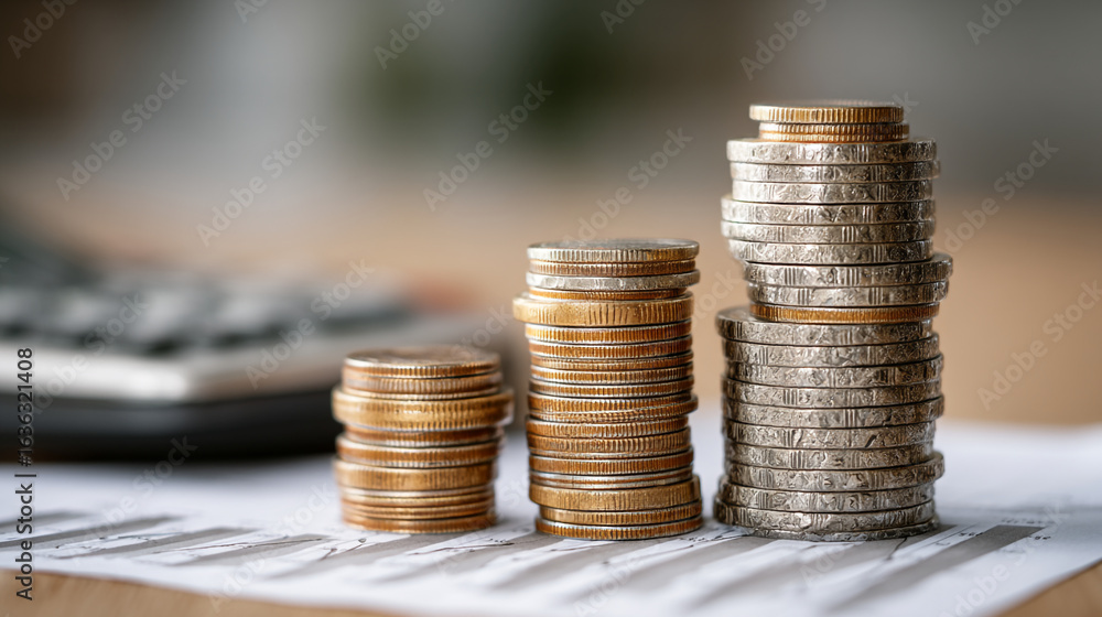 Poster stacks of coins on a financial document with a calculator in the background