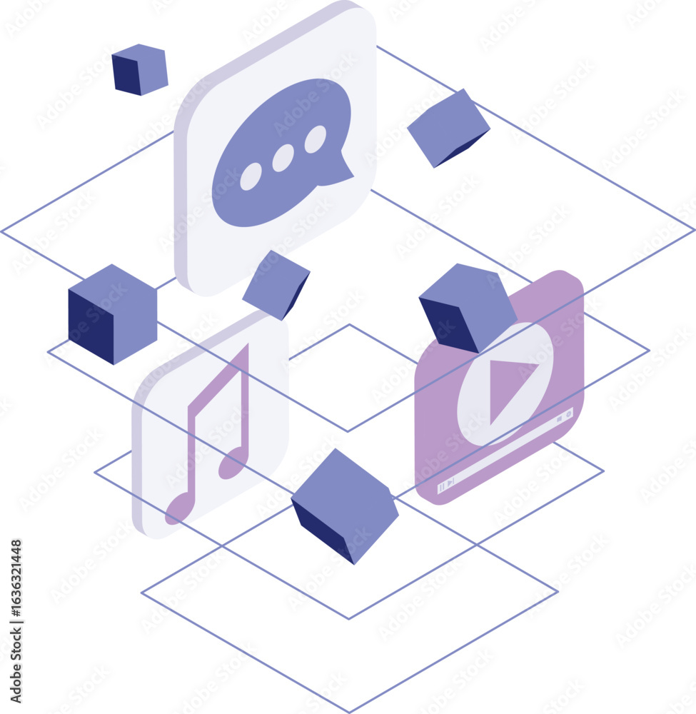 Aufkleber a collection of floating icons representing media, chat, and data, presented in an isometric style.