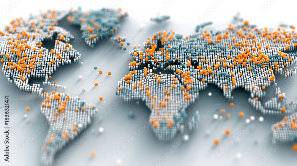 Aufkleber digital world map composed of numerous small data points orange and blue, representing global connec