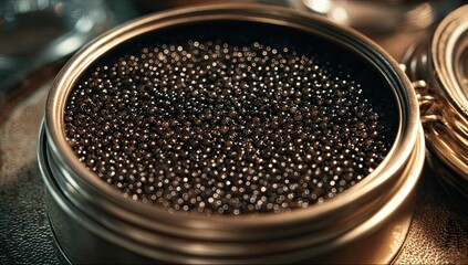 Close-up of dark caviar in a metal container
