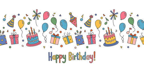 Happy birthday celebration vector illustration with seamless pattern of candles, balloons, and gifts