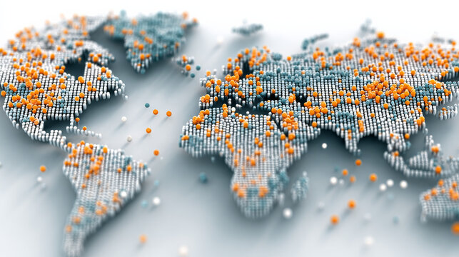 Digital world map composed of numerous small data points orange and blue, representing global connectivity and data flow. abstract design highlights concept of information exchange across