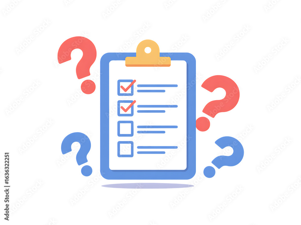 Poster clipboard with checklist and question marks, symbolizing inquiry, decision making, and problem solvi