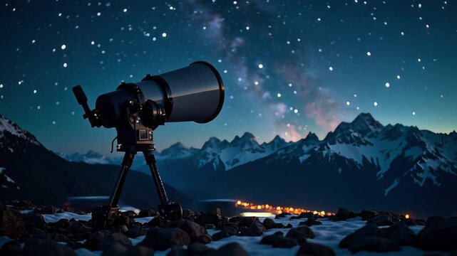 A telescope on a tripod is aimed at the night sky above snow-capped mountains.