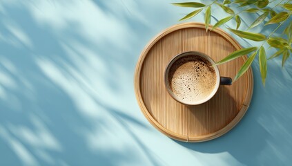 Coffee cup on light wooden tray, sunlit
