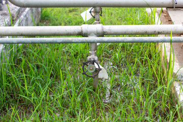Pipes amidst greenery and grass in outdoor setting symbolizing environmental impact and industrial...