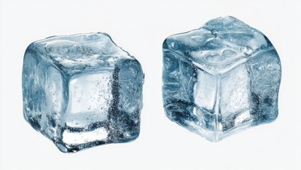 Obraz premium Two clear ice cubes, slightly different shapes, on a white background