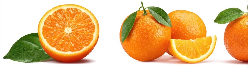 Fresh Oranges, Whole and Sliced, Against White Background
