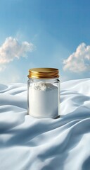 Clear glass jar with a gold lid, filled with white powder, sits atop flowing white fabric against a bright blue sky with fluffy clouds