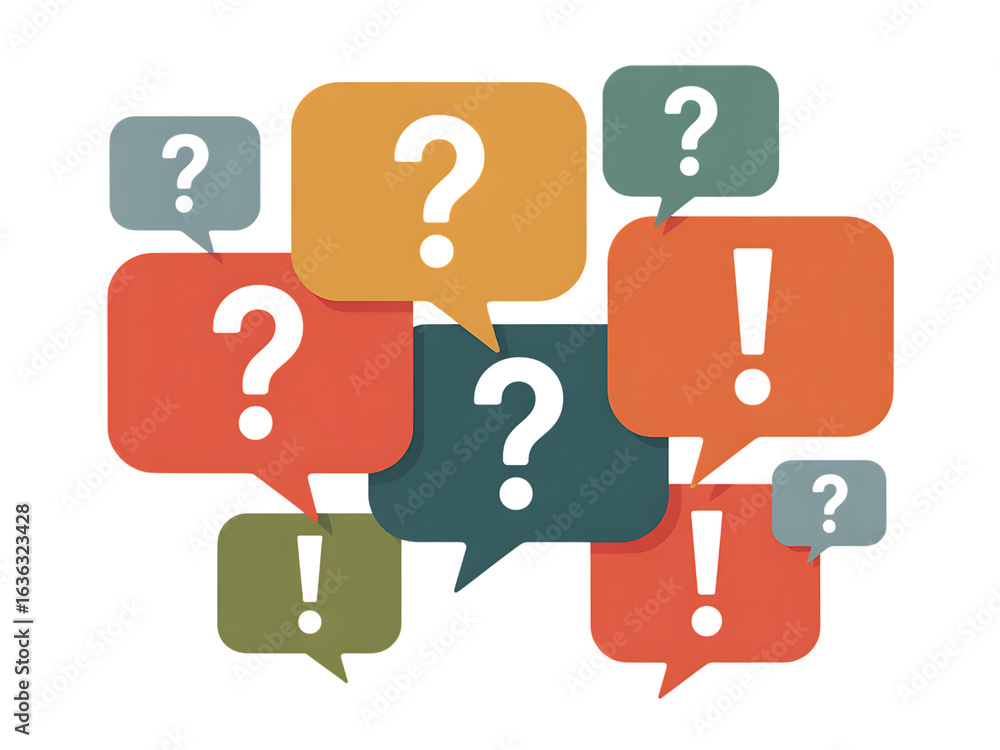 Poster a collection of colorful speech bubbles with question marks and exclamation points, representing com