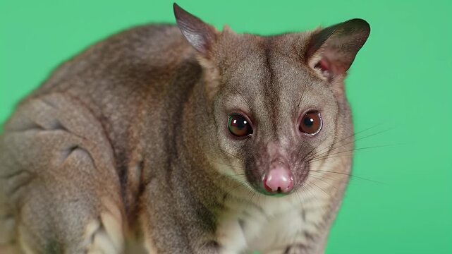 Cute Brushtail Possum with Large Eyes and Reddish Fur Against a Bright Green Background, Isolated Wildlife Portrait