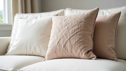 Close-up of decorative pillows on a light beige couch.