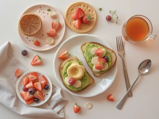A vibrant and healthy breakfast flat lay featuring avocado toast topped with fresh fruit, berries, and a cup of warm tea